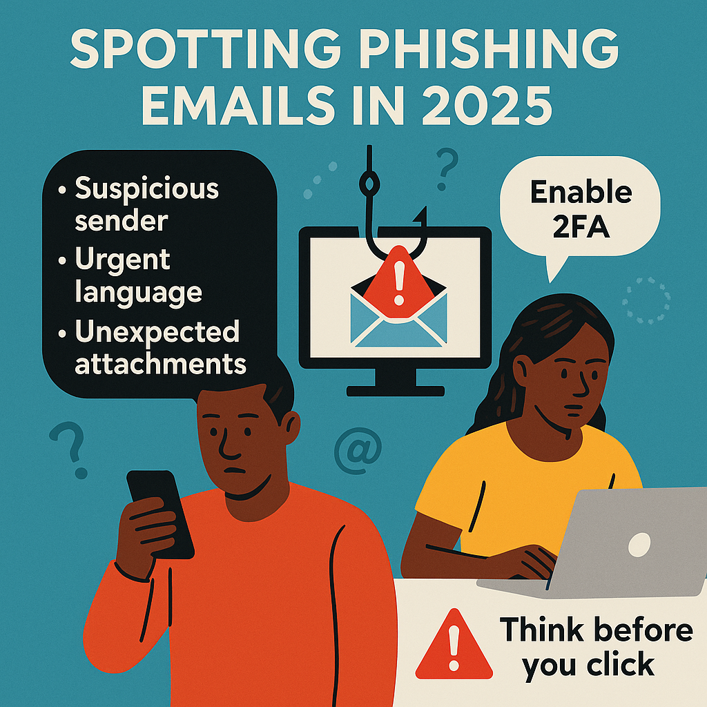 A 2025 infographic showing Nigerian students and professionals learning how to spot phishing emails and activate two-factor authentication for online protection.