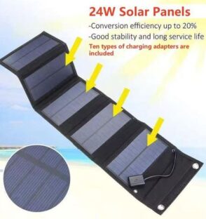 Foldable mono solar panel USB 5V 24W waterproof portable charger for phones and low-power devices.