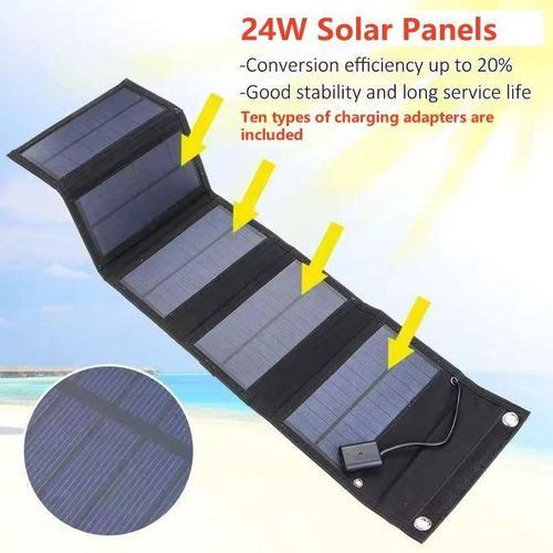 Foldable mono solar panel USB 5V 24W waterproof portable charger for phones and low-power devices.