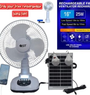 rechargeable solar table fan with solar panel and USB charging for Nigerian homes.