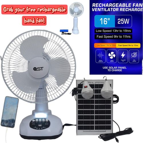 rechargeable solar table fan with solar panel and USB charging for Nigerian homes.