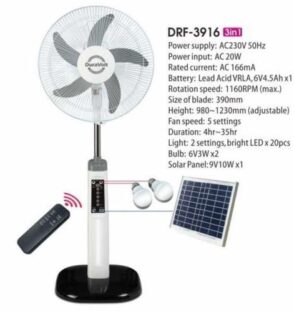 rechargeable 3-in-1 fan with solar panel for Nigerian homes.