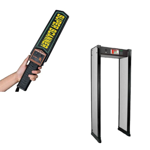 Security personnel using a walk-through metal detector at a public building entrance to prevent theft and violence in a crowded space.
