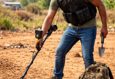 Man using a professional metal detector to search for valuable items and scrap metal in an open area in Nigeria