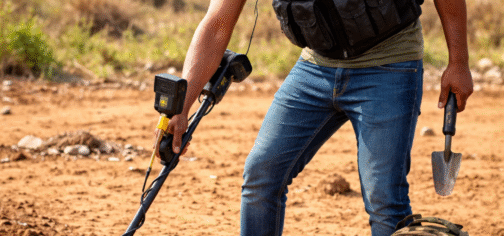 Man using a professional metal detector to search for valuable items and scrap metal in an open area in Nigeria