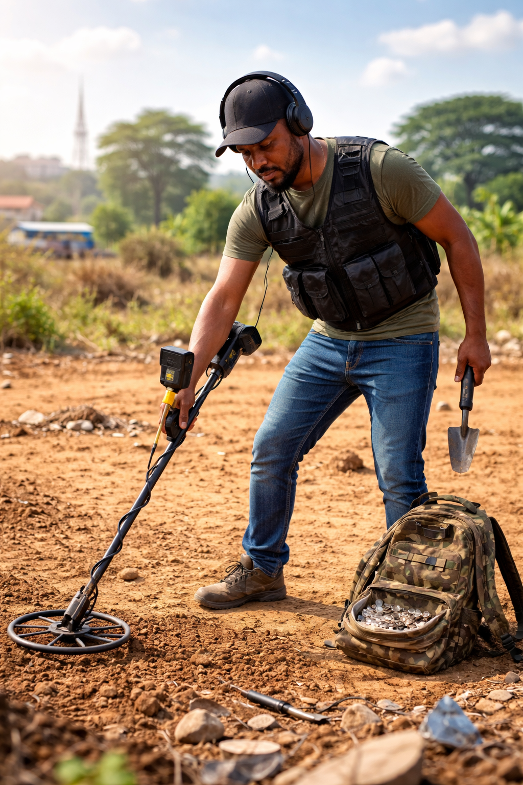 Man using a professional metal detector to search for valuable items and scrap metal in an open area in Nigeria