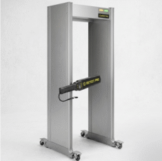 Sleek commercial walkthrough metal detector integrated into a modern corporate building lobby for advanced access control.