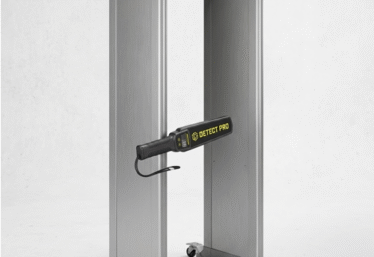 Sleek commercial walkthrough metal detector integrated into a modern corporate building lobby for advanced access control.