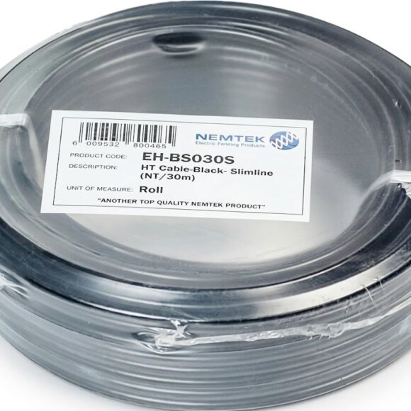 Nemtek HT cable black slimline 30m roll for high-voltage electric fence lead-out wiring.