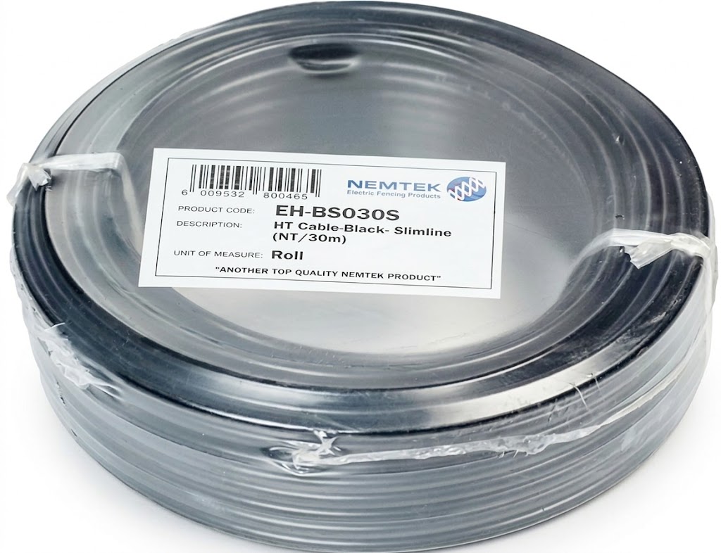 Nemtek HT cable black slimline 30m roll for high-voltage electric fence lead-out wiring.