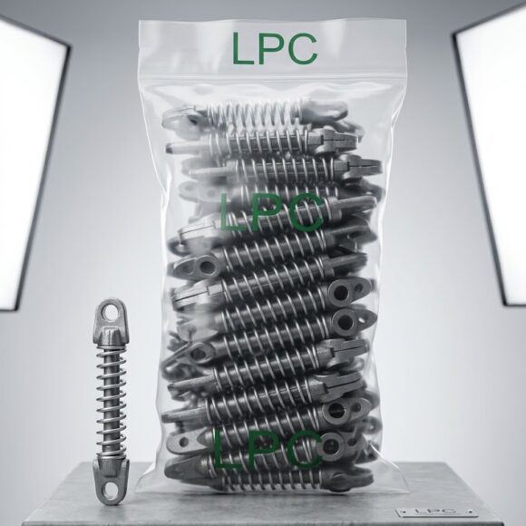 Bag of LPC electric fence bobbins with high-tension wire insulators for security perimeter fencing.