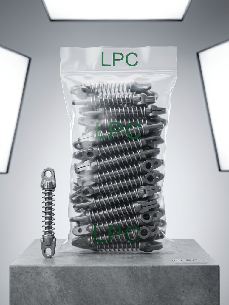 Bag of LPC electric fence bobbins with high-tension wire insulators for security perimeter fencing.