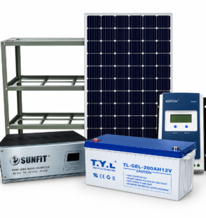 deep-cycle gel battery, charge controller, and metal mounting rack.