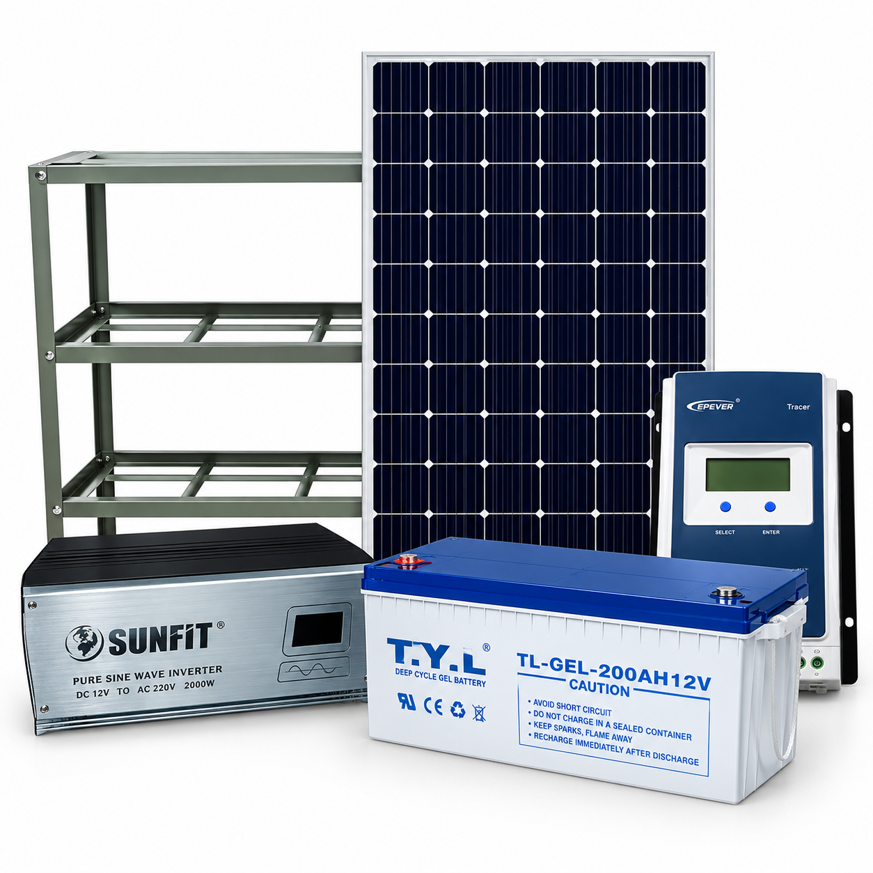 deep-cycle gel battery, charge controller, and metal mounting rack.