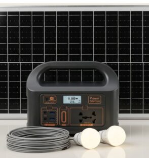 150W portable power station with solar charging and LED bulbs for home backup and outdoor use.