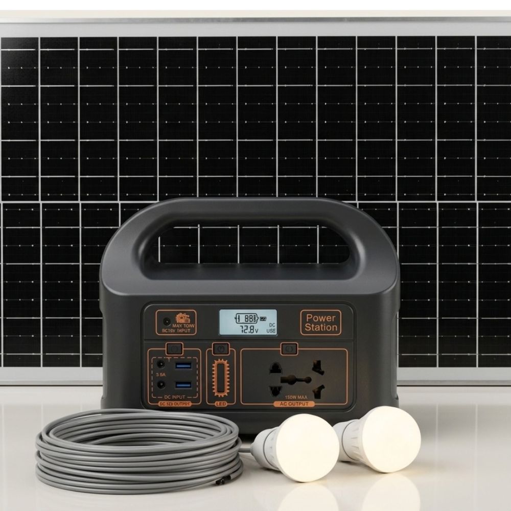 150W portable power station with solar charging and LED bulbs for home backup and outdoor use.