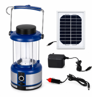 Solar lantern with phone charger and FM radio for portable lighting and emergency power backup.