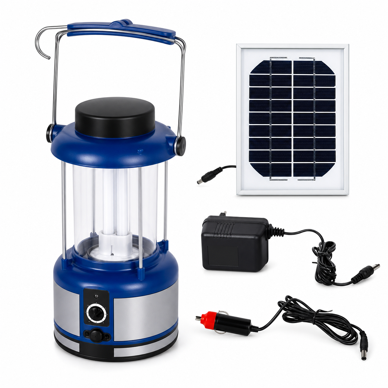 Solar lantern with phone charger and FM radio for portable lighting and emergency power backup.