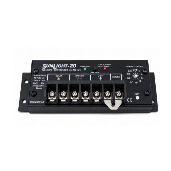 Morningstar 20A solar charge controller for efficient 12V and 24V battery charging in solar power systems.