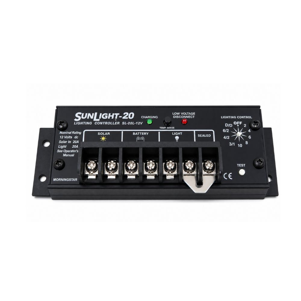 Morningstar 20A solar charge controller for efficient 12V and 24V battery charging in solar power systems.